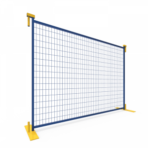 A piece of Canada temporary fence panel with yellow fence base is displayed