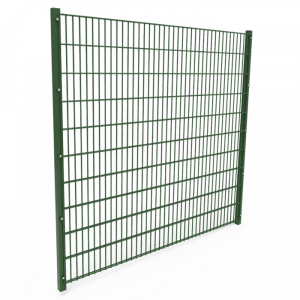 A piece of green powder coating double wire fence panel is displayed.