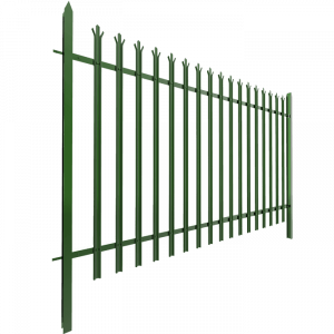 A piece of green powder coating palisade fencing is displayed.